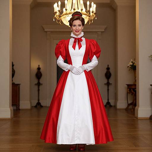 Photograph of a woman in a Victorian-style red and white dress with puffed sleeves, white gloves, and a bow, standing in an elegant,