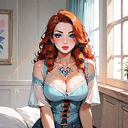 Redhead Woman in Denim Corset with Tattoo