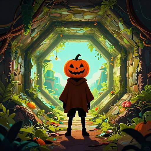 Boy in Hooded Poncho in Jungle Tunnel