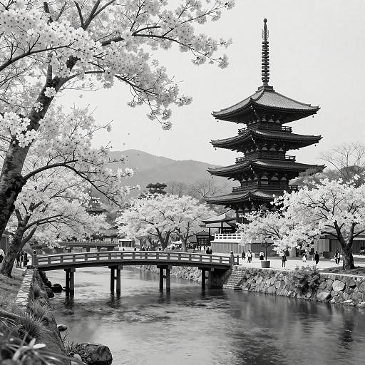 Traditional Japanese Scene in Black and White
