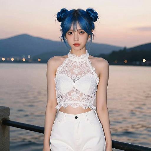 Photograph of an Asian woman with blue hair in double buns, wearing a white lace halter top and high-waisted pants, standing by