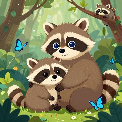 Cute digital illustration of two raccoons with large blue eyes, sitting in a lush forest, surrounded by butterflies and greenery.
