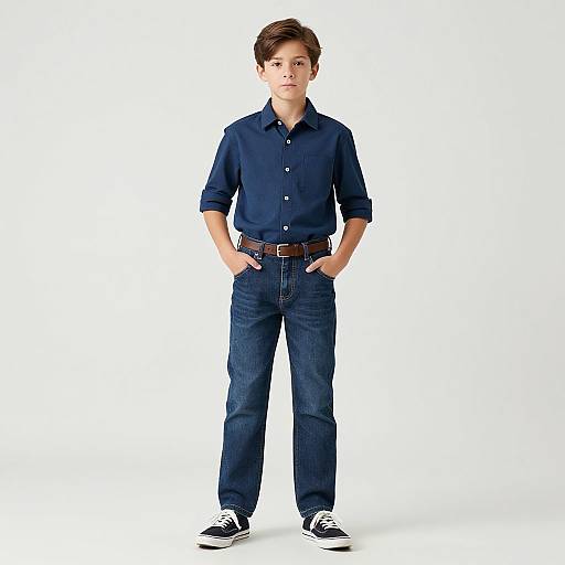 Photograph of a young boy with short brown hair, wearing a navy button-up shirt, dark blue jeans, brown belt, and black sneakers, standing