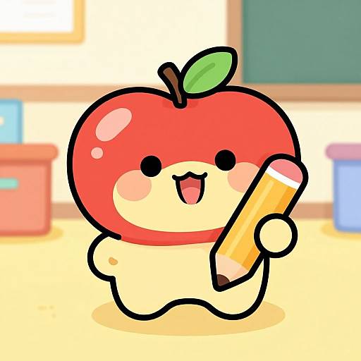 Chibi-style drawing of a cute, red apple character with a green leaf, holding a yellow pencil, smiling with pink cheeks in a bright classroom.