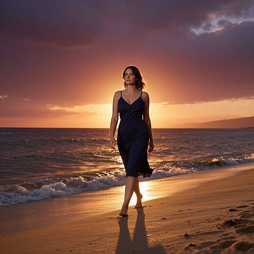 Photograph of a woman in a navy dress walking on a beach at sunset, with golden sunlight reflecting on wet sand and ocean waves. Sky is dramatic