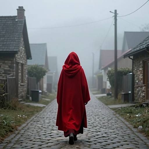 Photograph: Mysterious figure in vivid red hooded cloak walks down foggy, cobblestone village street, surrounded by stone houses and overcast