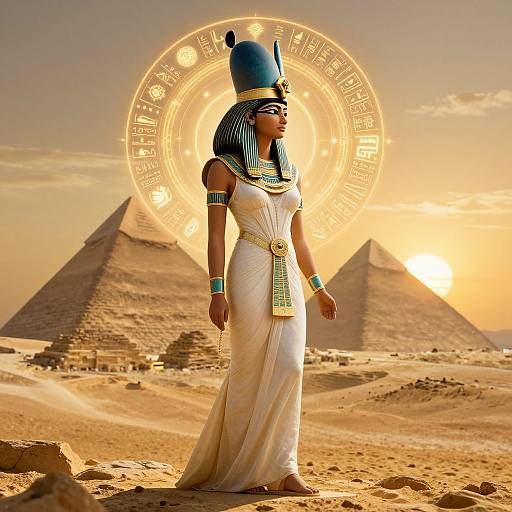 Photograph of a Black ancient Egyptian woman in white dress and blue headdress, standing before pyramids with a glowing celestial circle behind her, under a