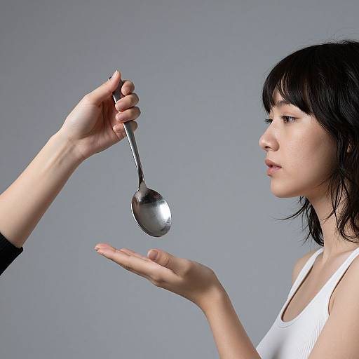 Photograph of a fair-skinned woman with black hair, wearing a white tank top, holding a spoon above her open hand against a gray background.
