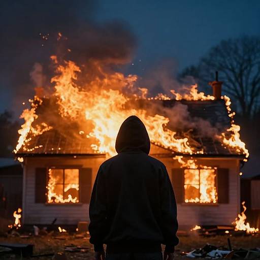 Hooded Figure by Burning House