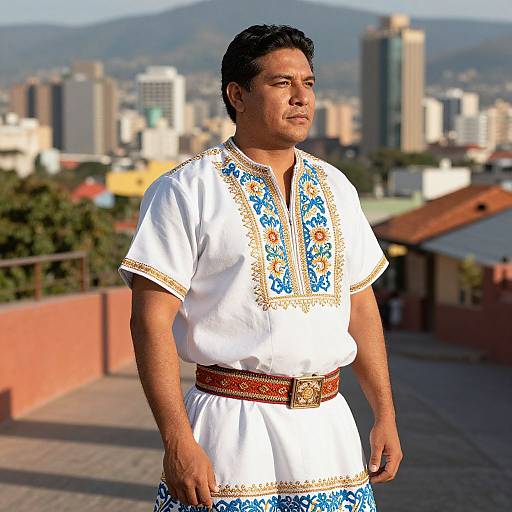 Photograph of a middle-aged Hispanic man with short black hair, wearing a white traditional embroidered shirt and brown belt, standing on a sunny rooftop with a