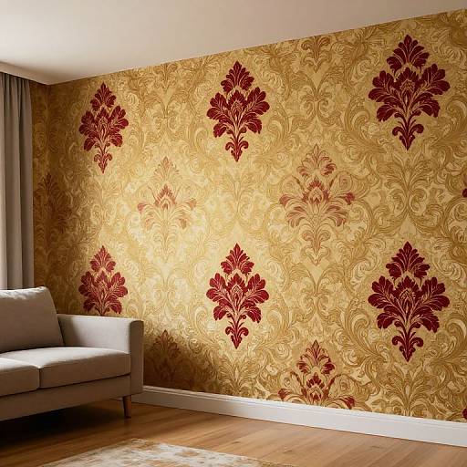 Photograph of a living room wall with gold and red damask wallpaper, featuring four large, symmetrical floral patterns. A gray couch is positioned to