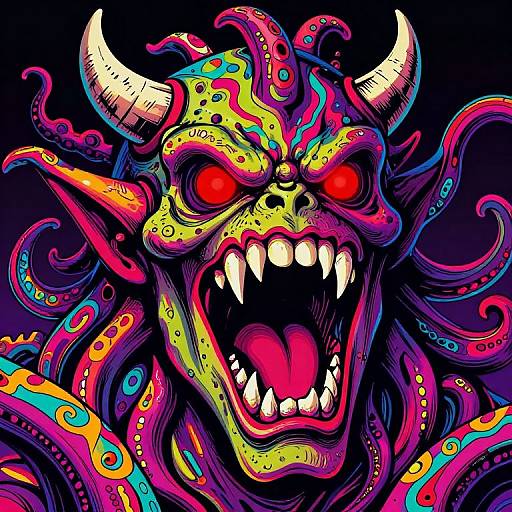 Vibrant digital illustration of a monstrous creature with glowing red eyes, sharp white teeth, large horns, and colorful, tentacle-like patterns against a