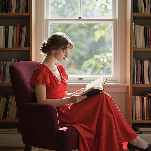 Photograph of a woman in a red dress, reading a book in a sunlit library, seated in a purple armchair.