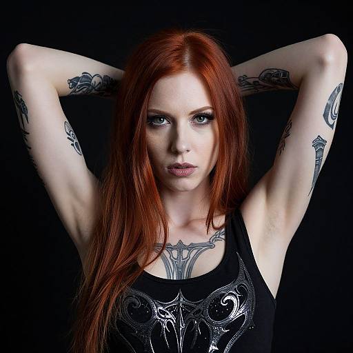 Photograph of a pale-skinned, red-haired woman with tattoos, wearing a black tank top, arms raised, intense gaze, black background.