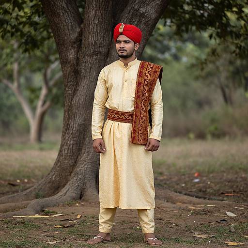 Photograph of a young South Asian man in yellow traditional attire, red turban, and ornate brown scarf, standing in a wooded area with a