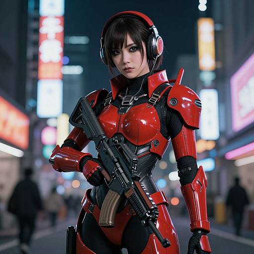 Cyberpunk woman in red armor with black accents, holding gun, wearing headphones, standing in neon-lit city street at night. Photorealistic