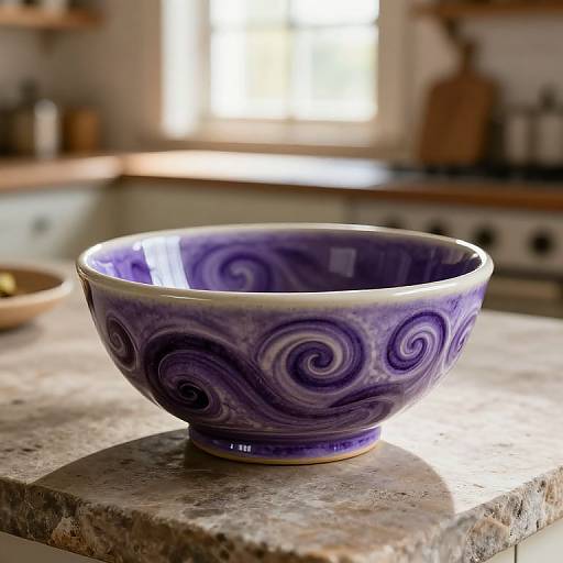 Photograph of a purple ceramic bowl with swirling patterns, placed on a rustic wooden countertop in a sunlit kitchen.