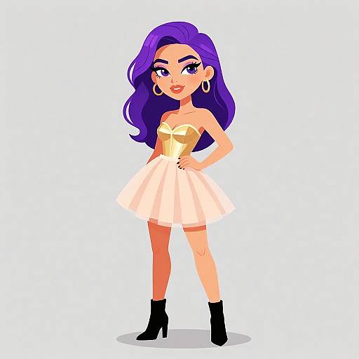 Cartoon-style drawing of a confident woman with long purple hair, wearing a gold strapless top, white skirt, black ankle boots, and hoop earrings