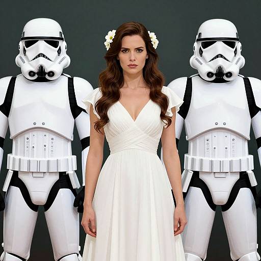 Digital artwork of a brunette woman in a white, V-neck dress with flower hairpiece, flanked by two white Stormtroopers. Dark background.
