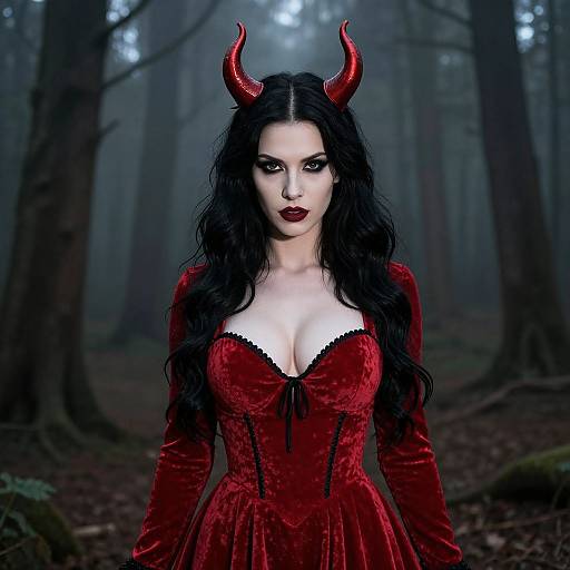 Digital artwork of a pale-skinned woman with black hair, red horns, and red velvet dress with black lace, standing in a foggy forest.