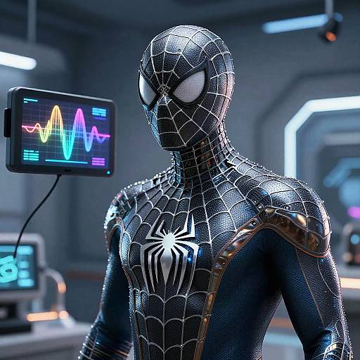 Photorealistic CGI of Spider-Man in black, glossy, web-patterned suit with white spider emblem, standing in futuristic lab with glowing monitor displaying colorful
