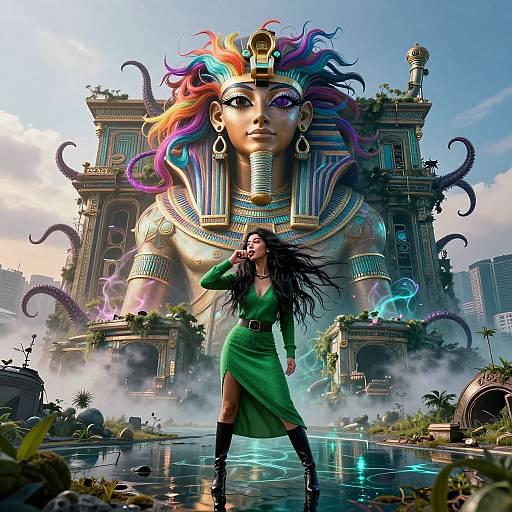 Digital art: Woman in green dress stands confidently before a vibrant, ancient Egyptian temple with a giant, colorful headdress and tentacles.