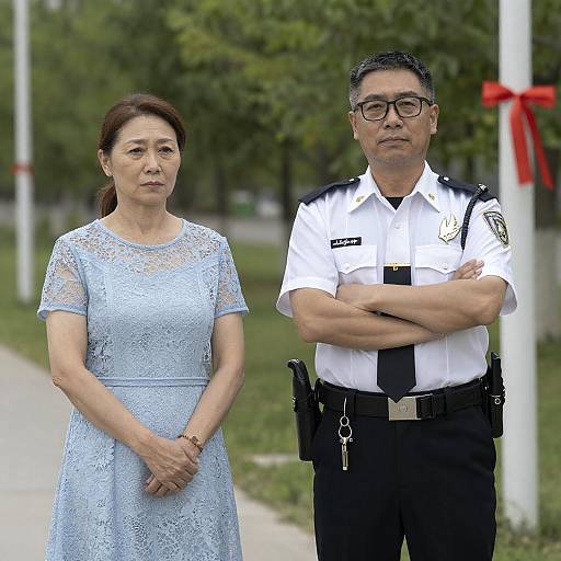 Middle-aged woman and police officer standing outdoors