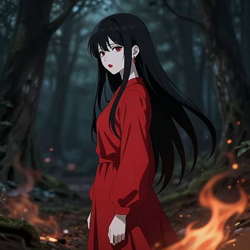 Anime-style digital illustration of a long-haired, black-haired woman in a red dress standing in a dark, forested night scene with glowing fireflies and