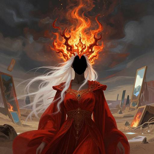 Digital art: Dark humanoid figure with fiery red antlers, white hair, red ornate dress, standing in a desolate, burning landscape with broken