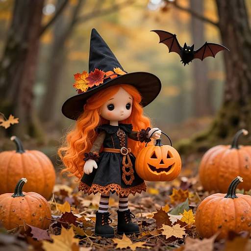 Whimsical Autumn Witch Doll Scene