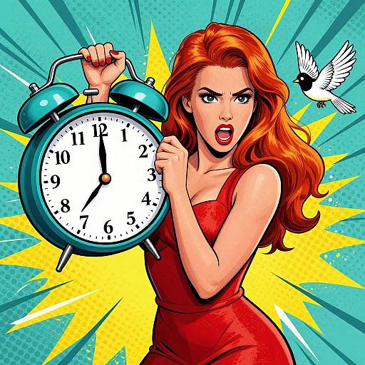 Comic-style drawing of a red-haired woman in a red dress, holding a blue alarm clock with 10:10, yelling, and a bird flying