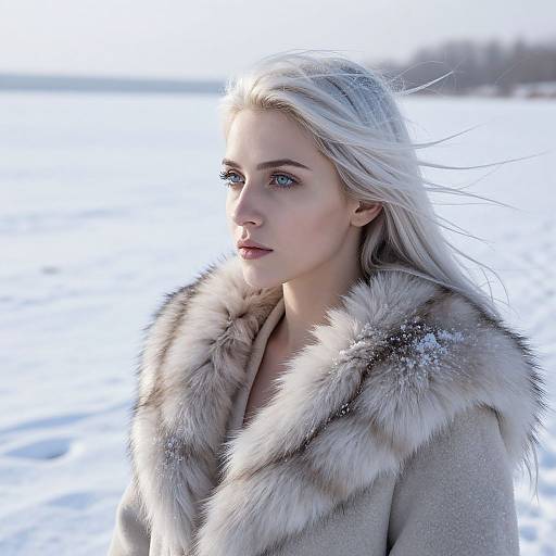Photograph of a blonde woman with fair skin, blue eyes, and light makeup, wearing a fur-lined beige coat, standing in a snowy field.
