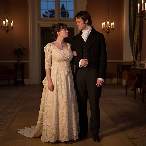 Photograph of a bride in an ivory lace dress and groom in black suit, standing in a dimly lit, elegant room.