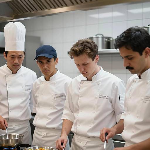 Team of Four Male Chefs Working in Kitchen