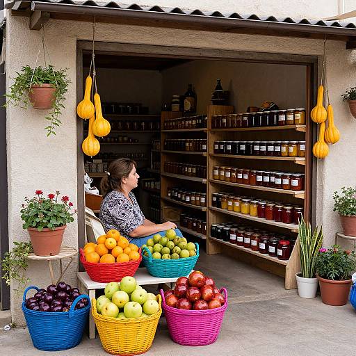Photograph of a woman in a black-and-white patterned shirt, sitting outside a shop with shelves of jars, surrounded by colorful baskets of fruits and