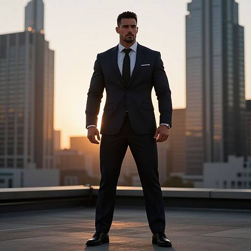 Photograph of a tall, muscular man in a dark suit, white shirt, and black tie, standing confidently on a rooftop at sunset with city skys