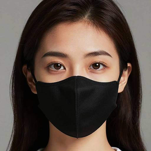 Photograph of an Asian woman with long black hair, wearing a black face mask, against a plain gray background.