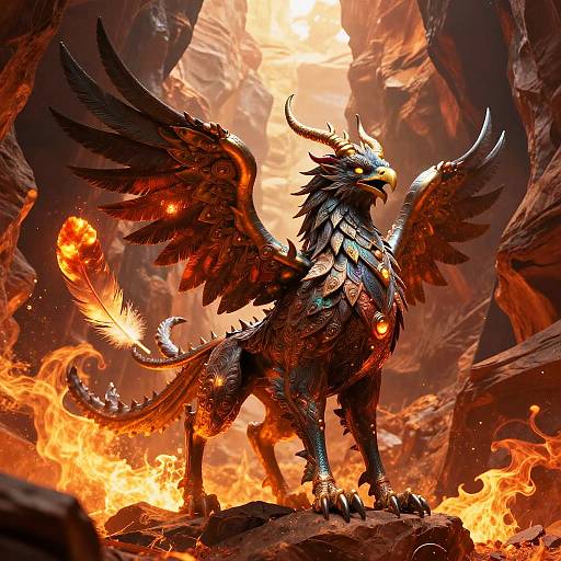 Digital artwork of a fierce, black-scaled, winged dragon with glowing red eyes and fiery accents, standing amidst a blazing, rocky cavern.