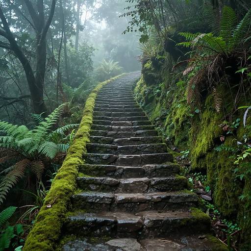 Misty forest staircase, moss-covered stone steps, lush ferns and trees on both sides, foggy background, serene and mystical atmosphere. Photograph.