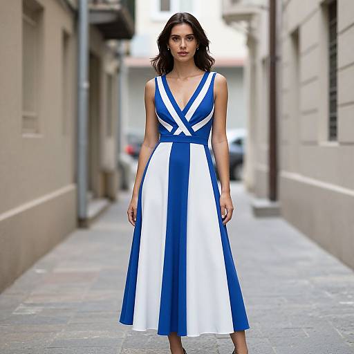 Woman in Blue and White Dress