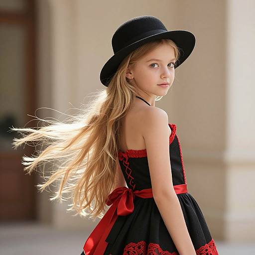 Elegant Blonde Girl in Black and Red Dress