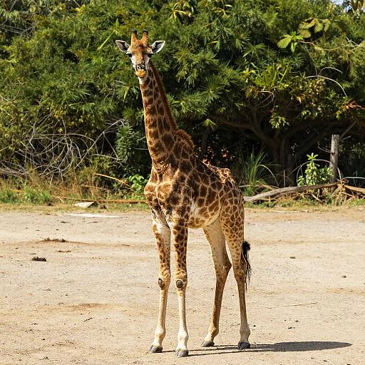 Photograph of a solitary giraffe with a tall, slender frame, standing on a sunlit dirt path, surrounded by dense green foliage in the background