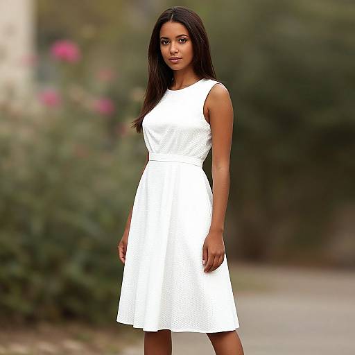 Photograph of a young Black woman with long straight hair, wearing a sleeveless white lace dress, standing outdoors with a blurred garden background.