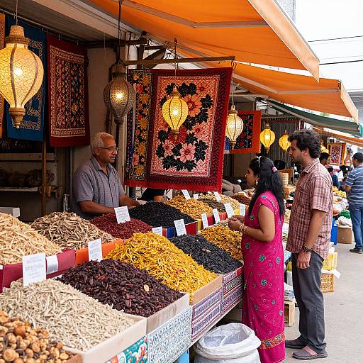 Photograph of a vibrant spice market stall with colorful textiles, hanging lanterns, and a variety of spices. A vendor and customers converse under an orange