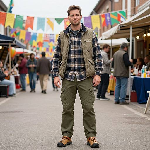 Photograph of a bearded man in a plaid shirt, olive vest, and green cargo pants, standing in a vibrant, colorful street market.