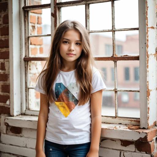 Young girl in graphic tee by rustic window