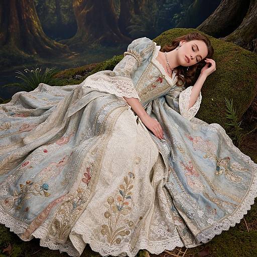 Photograph of a sleeping woman in an elaborate, light blue, lace-trimmed Renaissance-style dress with floral embroidery, lying on mossy forest ground
