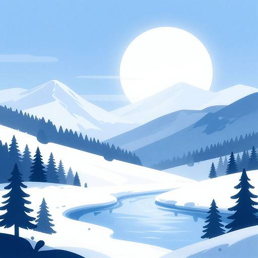 Digital illustration of a snowy mountain landscape with a bright sun, blue sky, and a winding river flanked by dark pine trees.