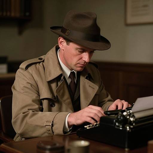 Photograph of a focused, middle-aged man in a brown trench coat and fedora, typing on a black typewriter in a dimly lit,