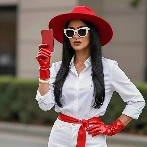 Stylish Woman in Red Hat and Gloves Outdoors